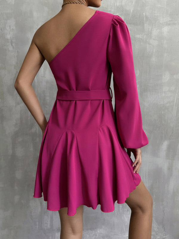 Woman'S Autumn New Solid Color Slanted Shoulder Unilateral Sleeve A-Line Swing Fashion Casual Dress