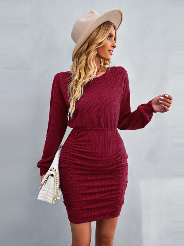 Women’s Ruched Bodycon Scoop Neck Long Sleeves Mini Dress