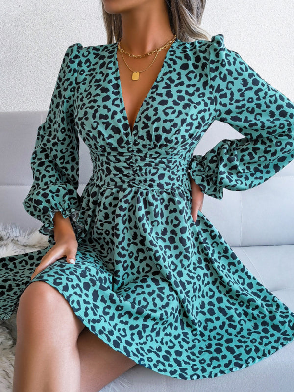 Women's Sexy Leopard Print waist Pleated Dress