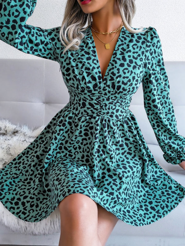 Women's Sexy Leopard Print waist Pleated Dress