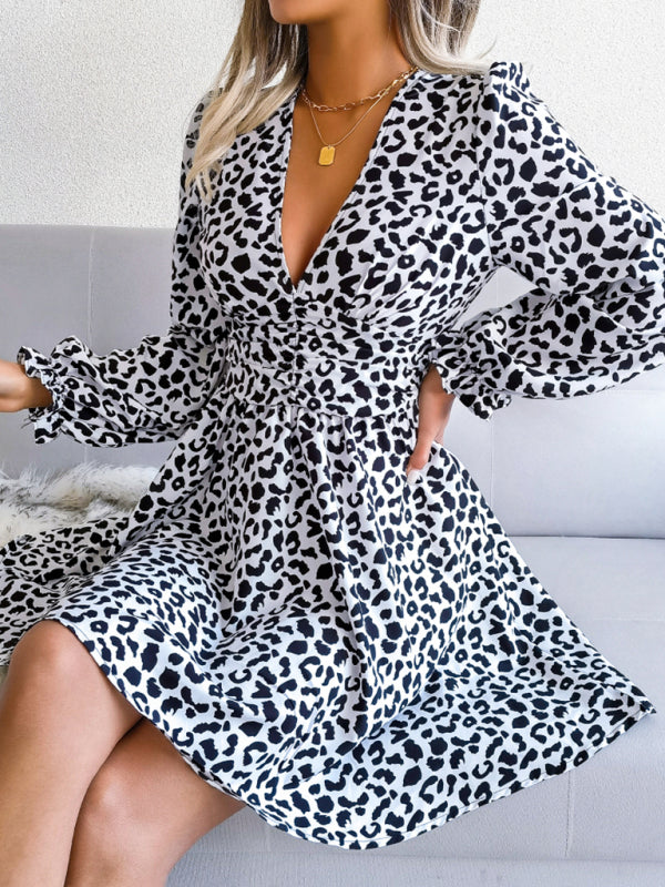 Women's Sexy Leopard Print waist Pleated Dress