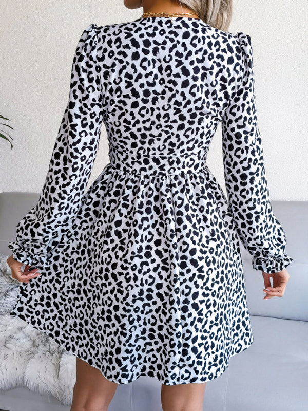 Women's Sexy Leopard Print waist Pleated Dress