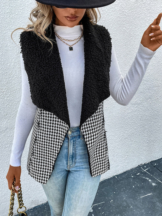 Woman'S Autumn And Winter Temperament Imitation Lamb Wool Stitching Houndstooth Coat Vest