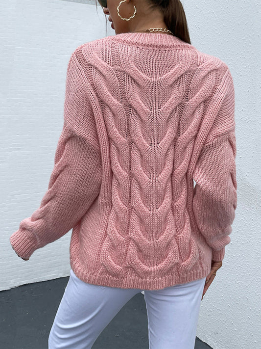Women's Round Neck Pullover Twist Knit Solid Color Sweater