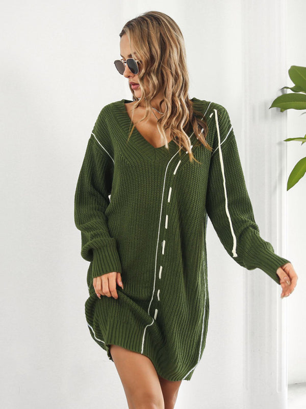 Women's Dropped Sleeves Drawstring V-Neck Sweater Dress