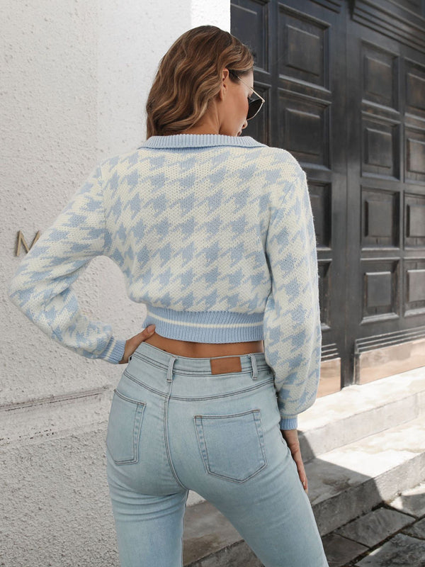 Women's Houndstooth Jacquard Lapel Crop Sweater
