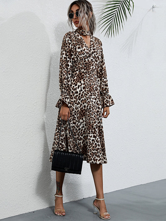Women's leopard print long sleeve hollow high neck dress