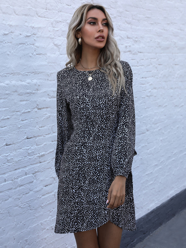 Women's lace-up irregular leopard print long-sleeved dress