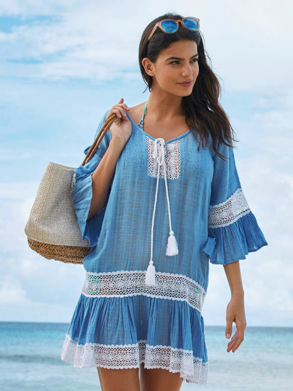 Women's flared sleeve beach dress bikini cover-ups beach vacation sun protection shirt