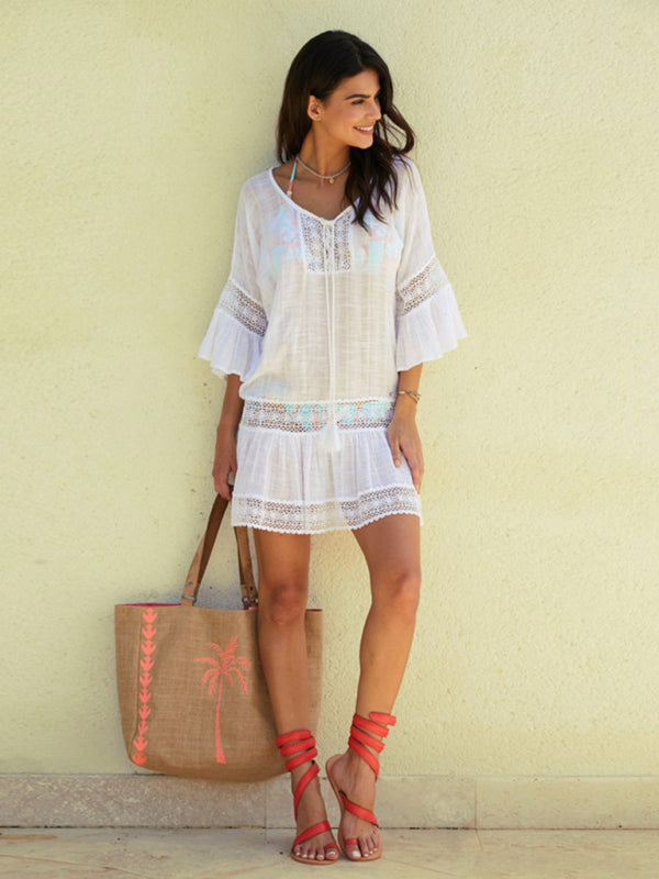 Women's flared sleeve beach dress bikini cover-ups beach vacation sun protection shirt