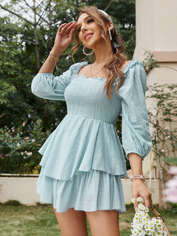 Women’s Scrunched Ruffle Sundress With Square Neckline And Puffed Long Sleeves
