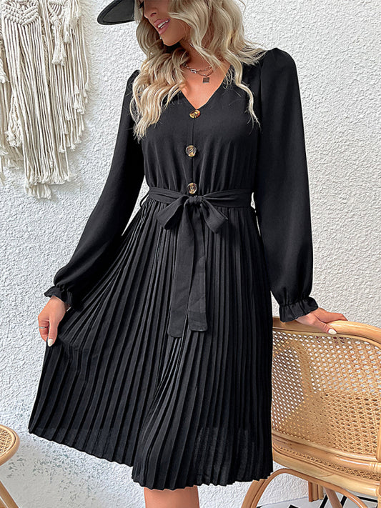 Women's casual long-sleeved pleated dresses