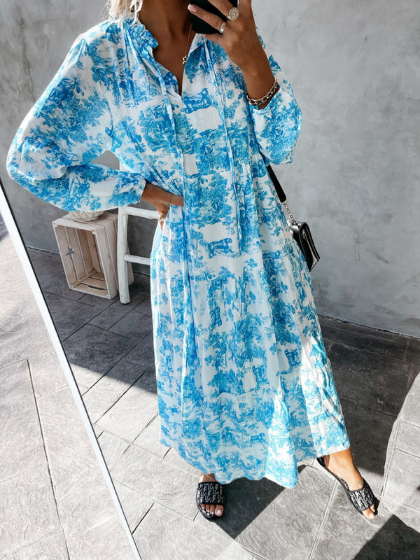 Women's Fashion Print Ruffle Neck Long Sleeve Resort Dress