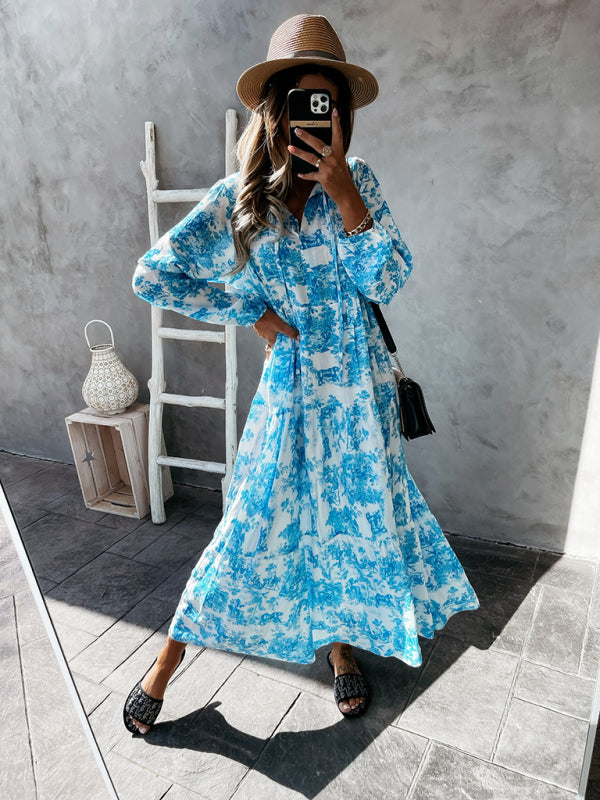 Women's Fashion Print Ruffle Neck Long Sleeve Resort Dress