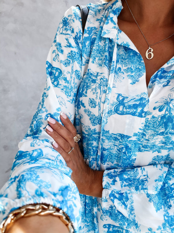 Women's Fashion Print Ruffle Neck Long Sleeve Resort Dress