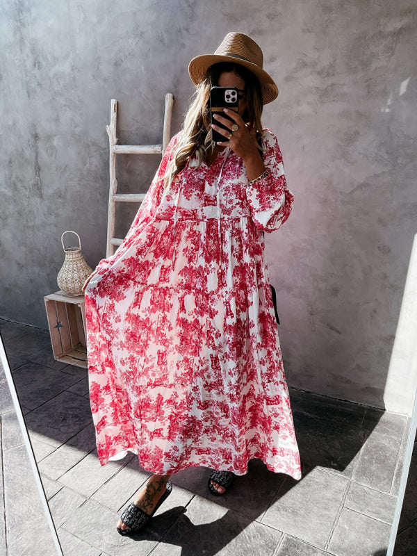 Women's Fashion Print Ruffle Neck Long Sleeve Resort Dress