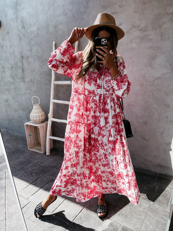 Women's Fashion Print Ruffle Neck Long Sleeve Resort Dress