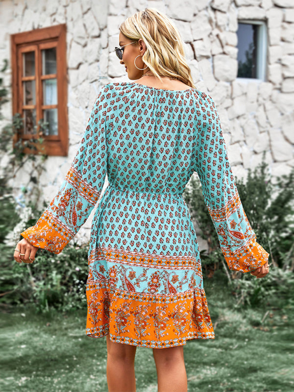Women’s Long Sleeve Chiffon Scoop Neck Button Up Adjustable Tie Waist Mini Dress