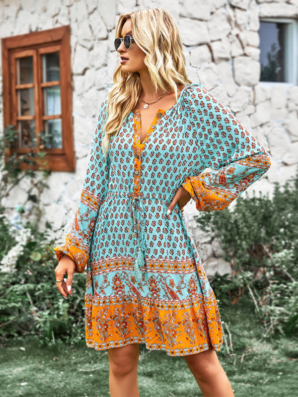 Women’s Long Sleeve Chiffon Scoop Neck Button Up Adjustable Tie Waist Mini Dress