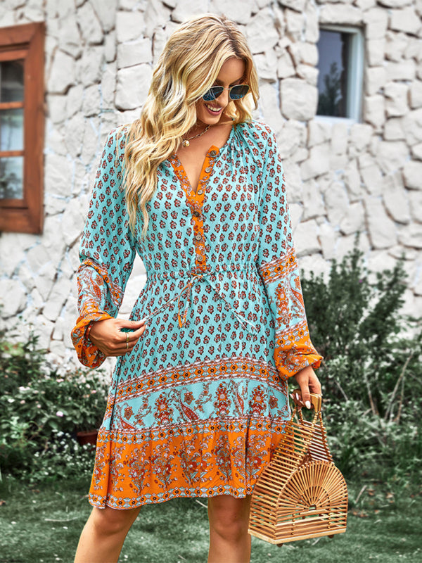 Women’s Long Sleeve Chiffon Scoop Neck Button Up Adjustable Tie Waist Mini Dress