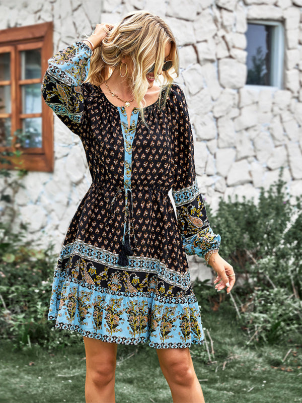 Women’s Long Sleeve Chiffon Scoop Neck Button Up Adjustable Tie Waist Mini Dress