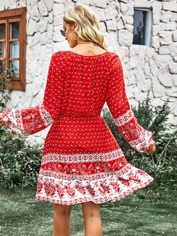 Women’s Long Sleeve Chiffon Scoop Neck Button Up Adjustable Tie Waist Mini Dress