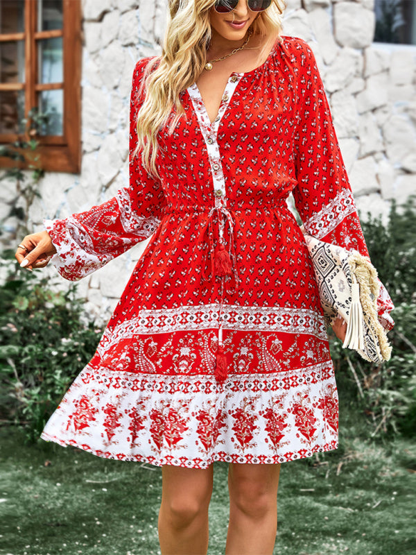 Women’s Long Sleeve Chiffon Scoop Neck Button Up Adjustable Tie Waist Mini Dress