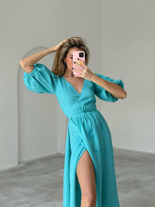 Women's V-neck open waist short-sleeved dress
