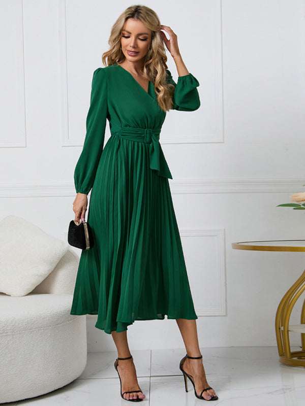 New long sleeve slim pleated belt V-neck dress A-line skirt