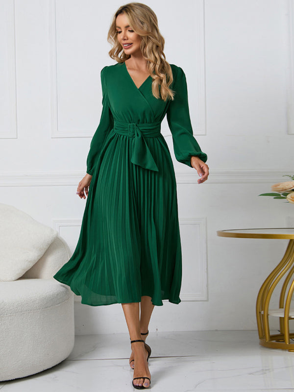 New long sleeve slim pleated belt V-neck dress A-line skirt