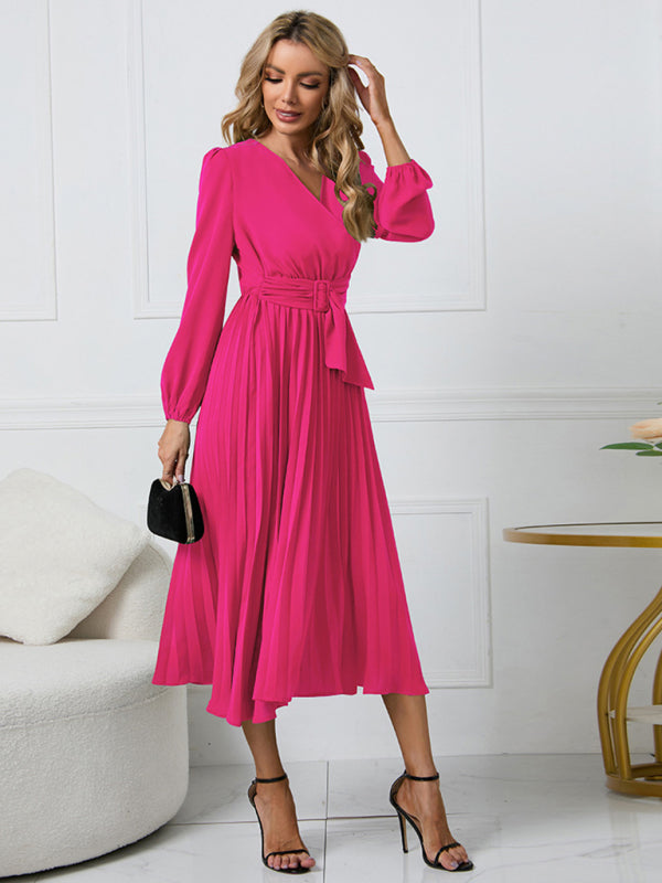 New long sleeve slim pleated belt V-neck dress A-line skirt