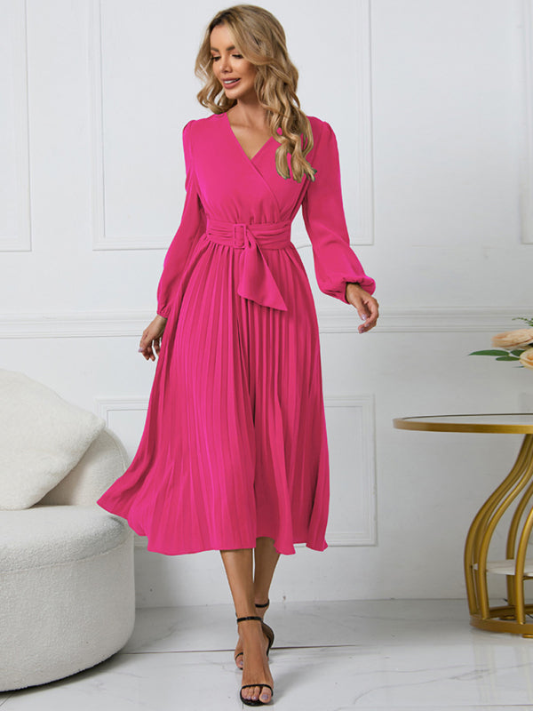 New long sleeve slim pleated belt V-neck dress A-line skirt