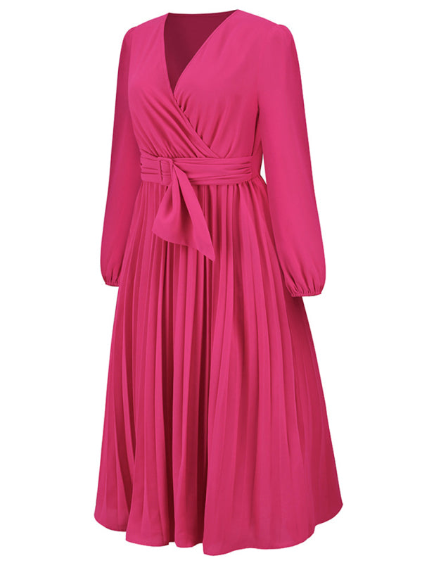 New long sleeve slim pleated belt V-neck dress A-line skirt