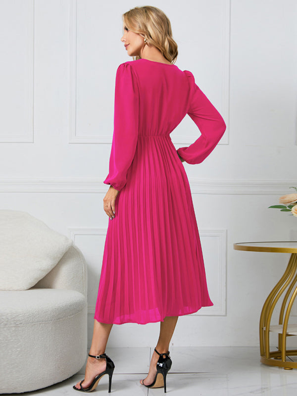 New long sleeve slim pleated belt V-neck dress A-line skirt