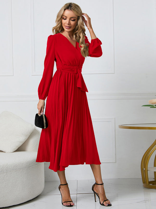 New long sleeve slim pleated belt V-neck dress A-line skirt