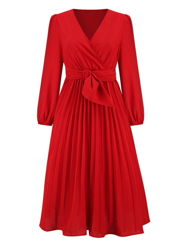 New long sleeve slim pleated belt V-neck dress A-line skirt