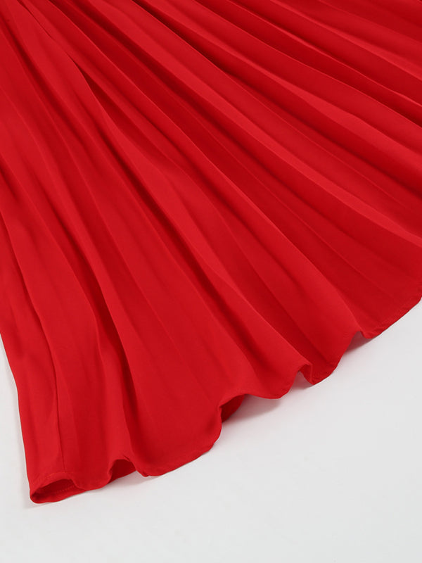 New long sleeve slim pleated belt V-neck dress A-line skirt