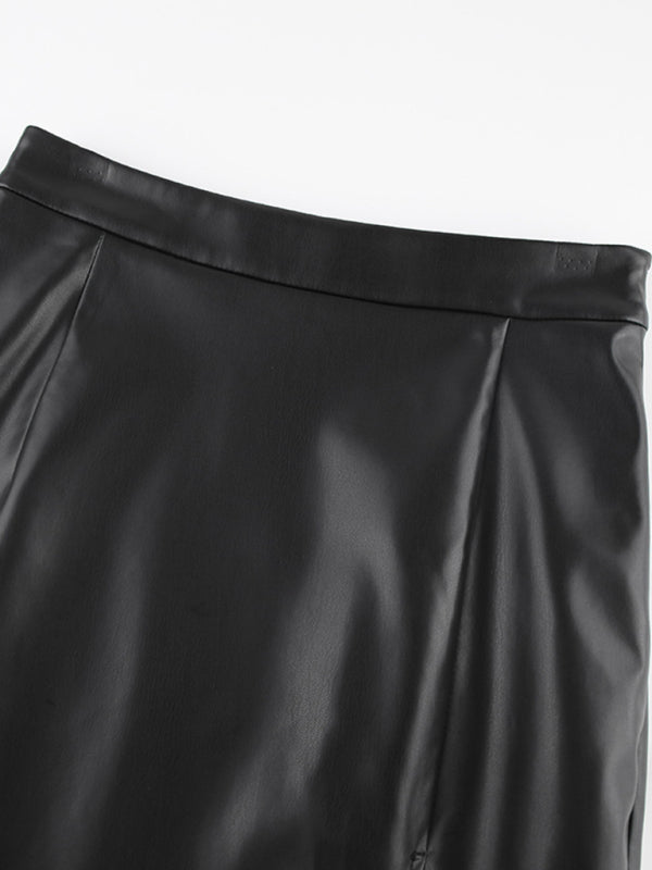 Women’s Solid Color Front Slit Faux Leather Midi Pencil Skirt