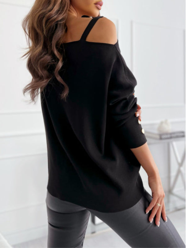 Women’s Chic Solid Color Asymmetric Neckline Embellished Long Sleeves Sweater