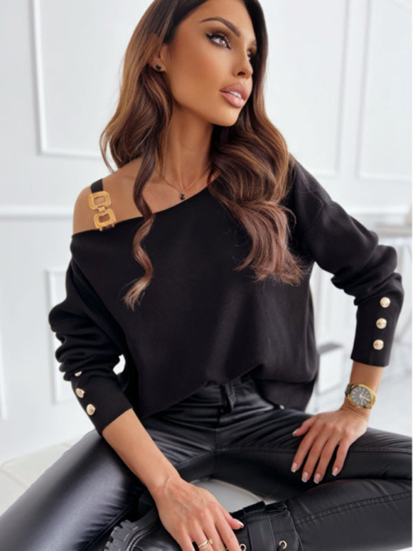 Women’s Chic Solid Color Asymmetric Neckline Embellished Long Sleeves Sweater