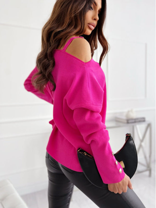 Women’s Chic Solid Color Asymmetric Neckline Embellished Long Sleeves Sweater