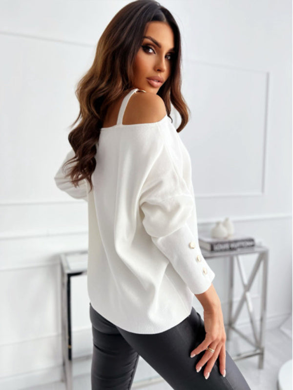 Women’s Chic Solid Color Asymmetric Neckline Embellished Long Sleeves Sweater