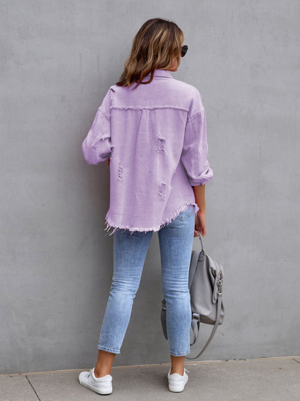 Women’s Solid Color Distressed Denim Jacket