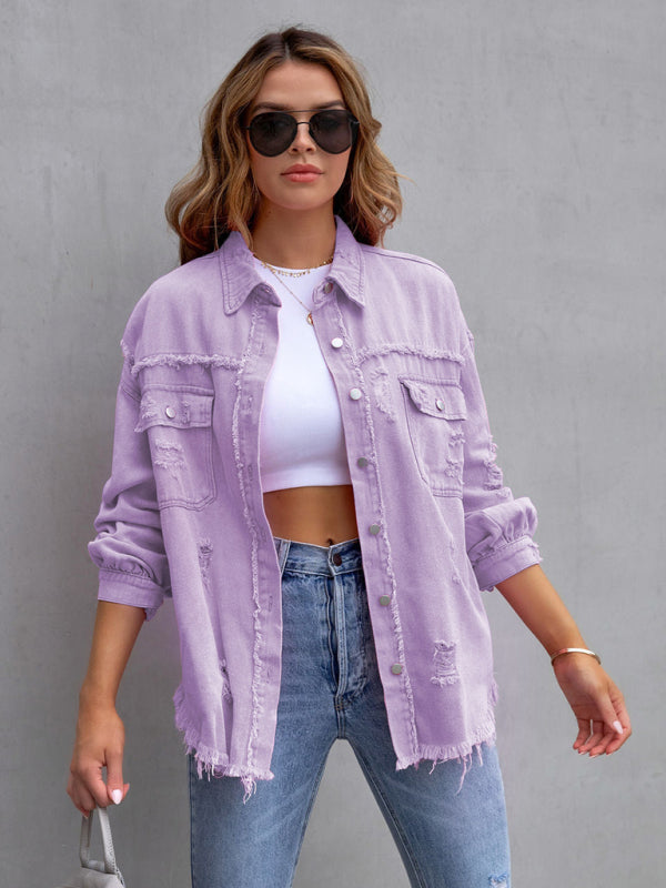 Women’s Solid Color Distressed Denim Jacket