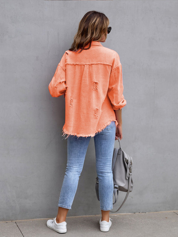 Women’s Solid Color Distressed Denim Jacket