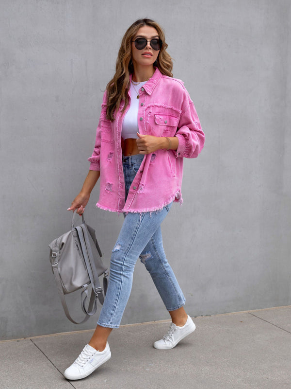 Women’s Solid Color Distressed Denim Jacket