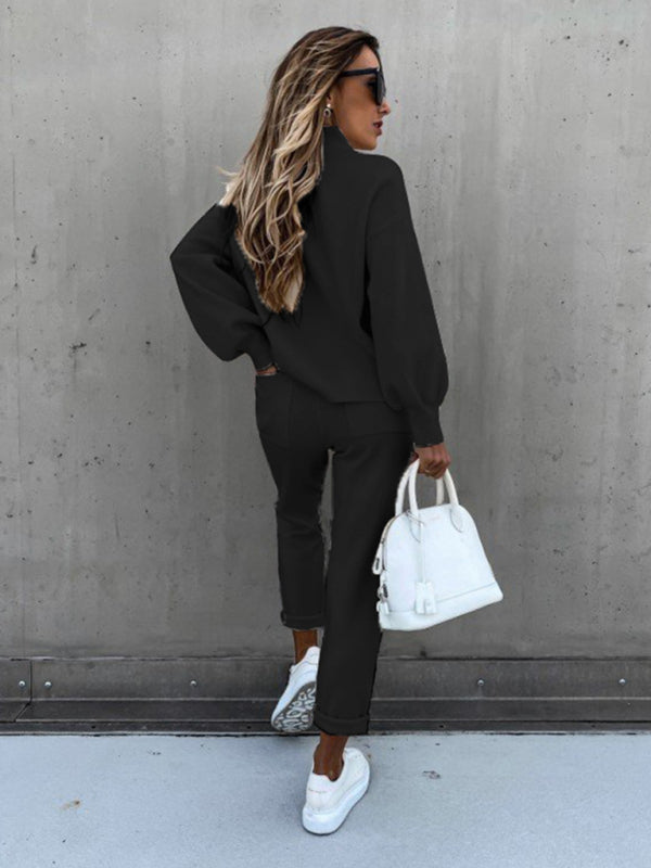 Women's Solid Color Relaxed Fit Long Sleeve Turtleneck Sweatshirt Pants Set