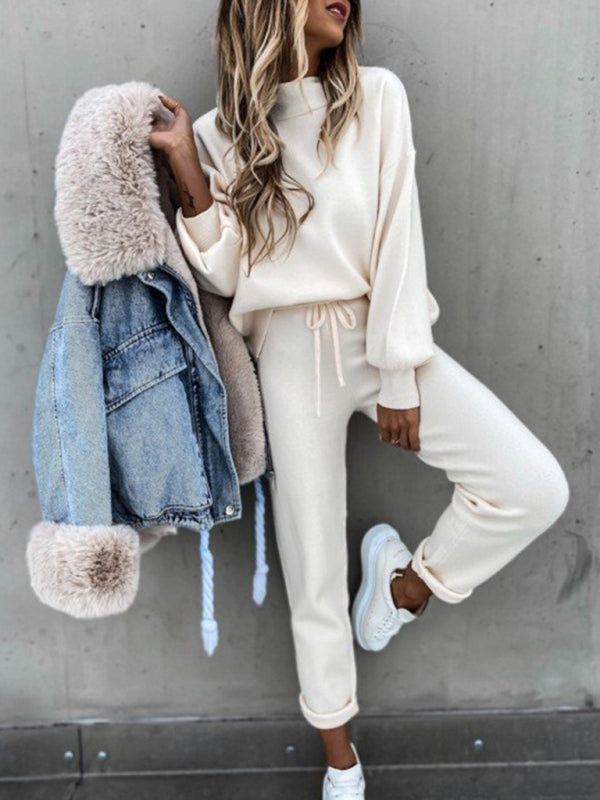Women's Solid Color Relaxed Fit Long Sleeve Turtleneck Sweatshirt Pants Set