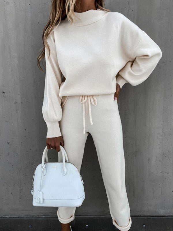 Women's Solid Color Relaxed Fit Long Sleeve Turtleneck Sweatshirt Pants Set