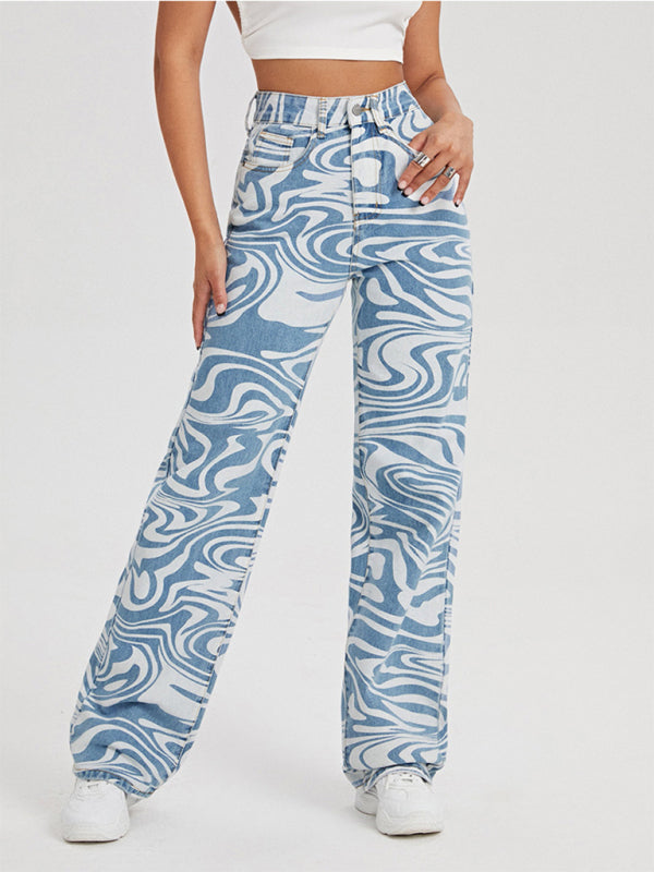 Women's loose water ripple printed straight denim trousers